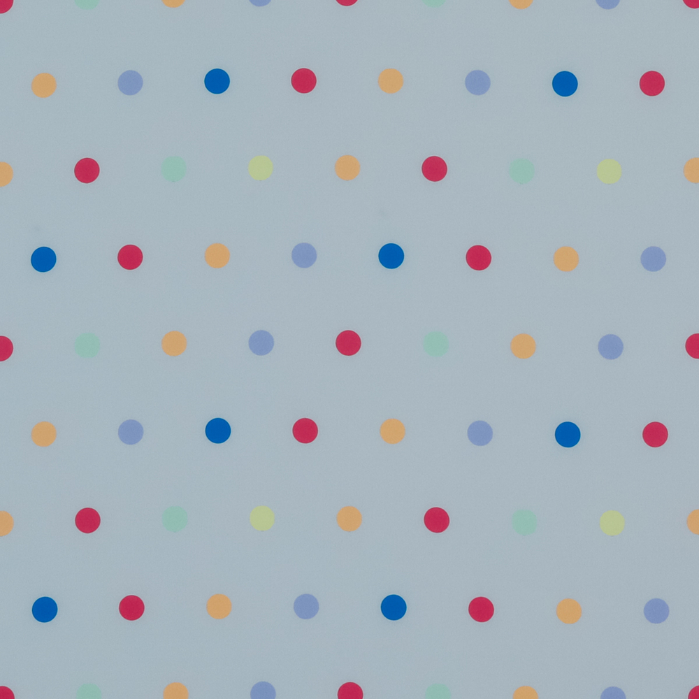 Шёлковый крепдешин приглушенно-голубого цвета в разноцветный горох