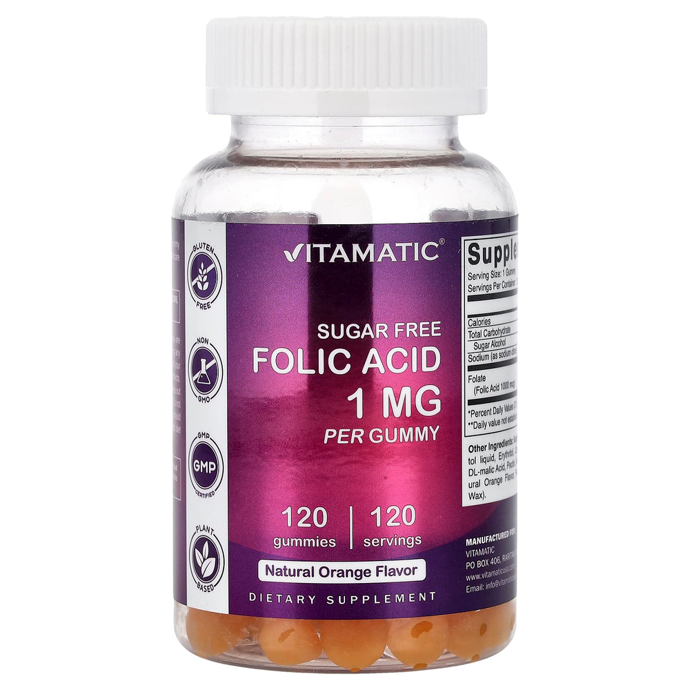 Vitamatic, фолиевая кислота, натуральный апельсиновый вкус, 1 мг, 120 жевательных таблеток