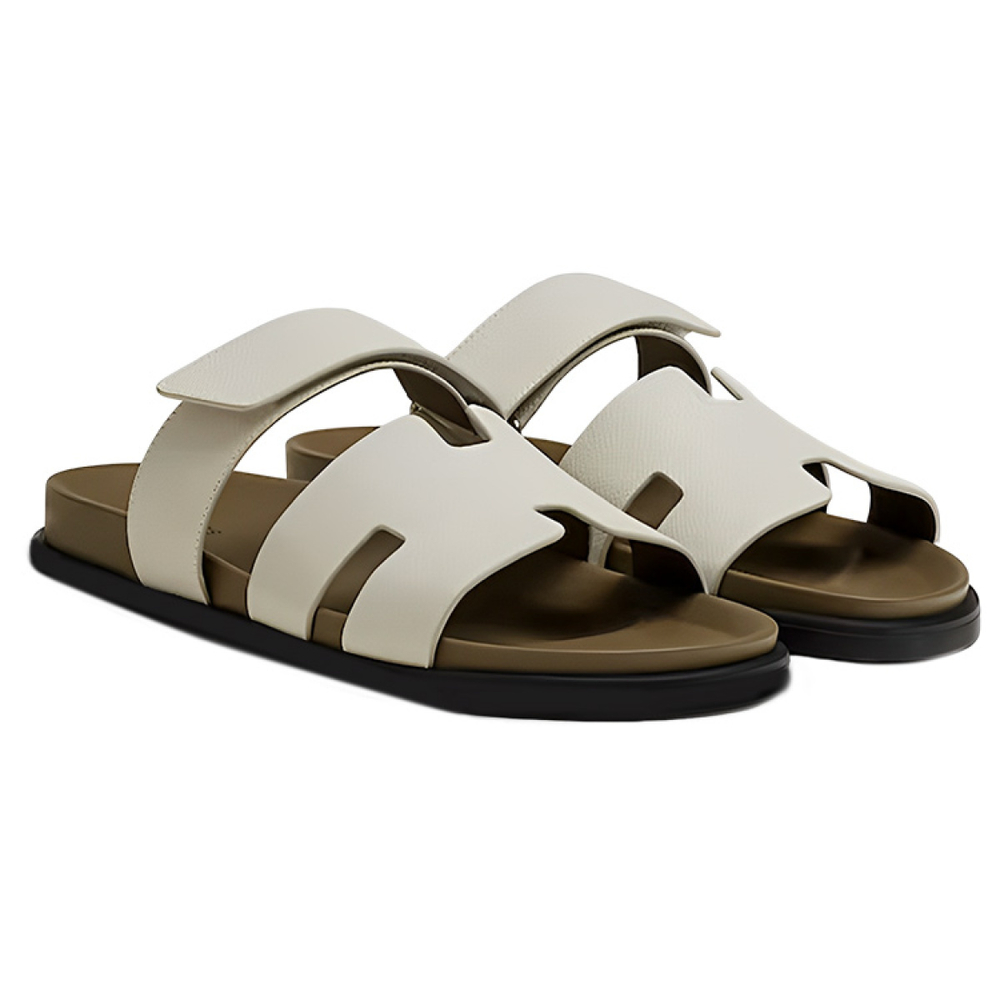 Hermes leather flat-bottomed fashion sandals men's white, H222857Z HBT