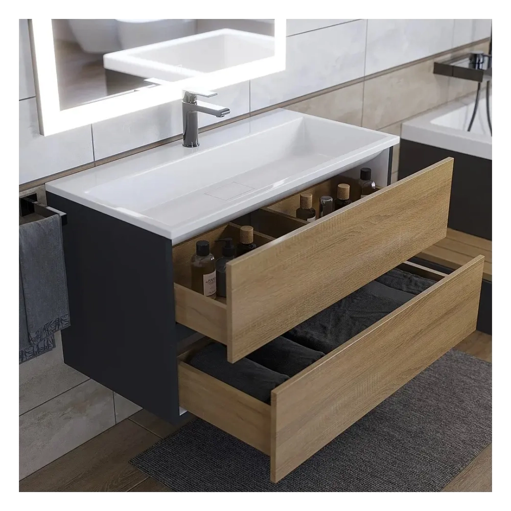 Тумба с раковиной Uperwood Barsa 90 см, раковина белая, подвесная тумба черная/дуб сонома