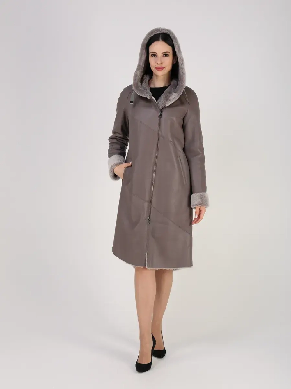 Дубленка зима натуральная удлиненная с капюшоном
