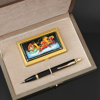 Набор "Палехская тройка" визитница персональная с ручной росписью и ручка Parker