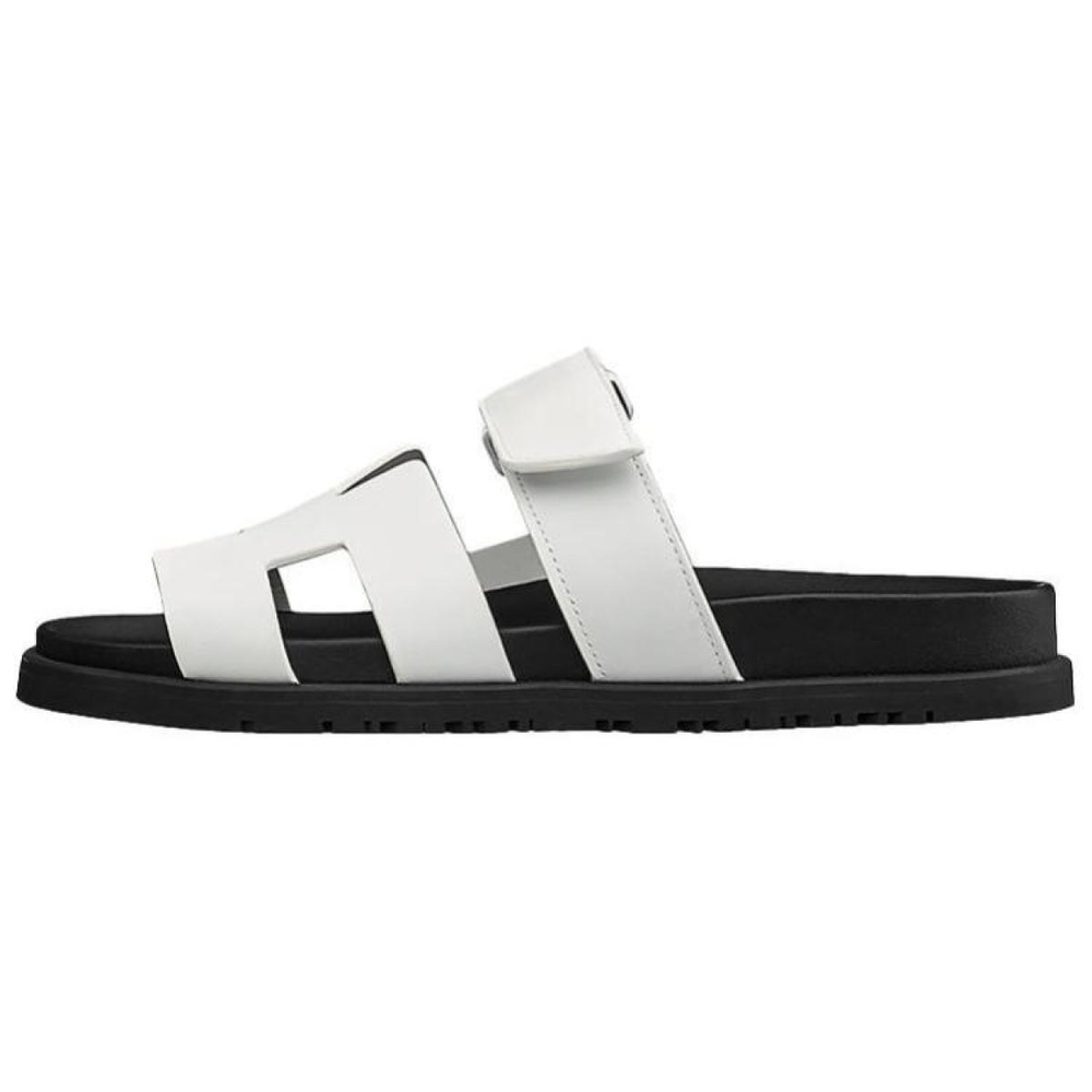 Hermes Chypre leather flat-bottomed one-word fashion sandals women's white, H211114Z 90