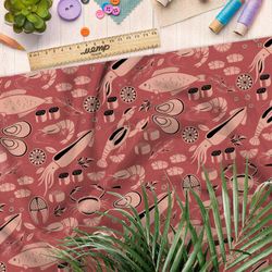 Ткань таффета коралловые морепродукты на красном фоне