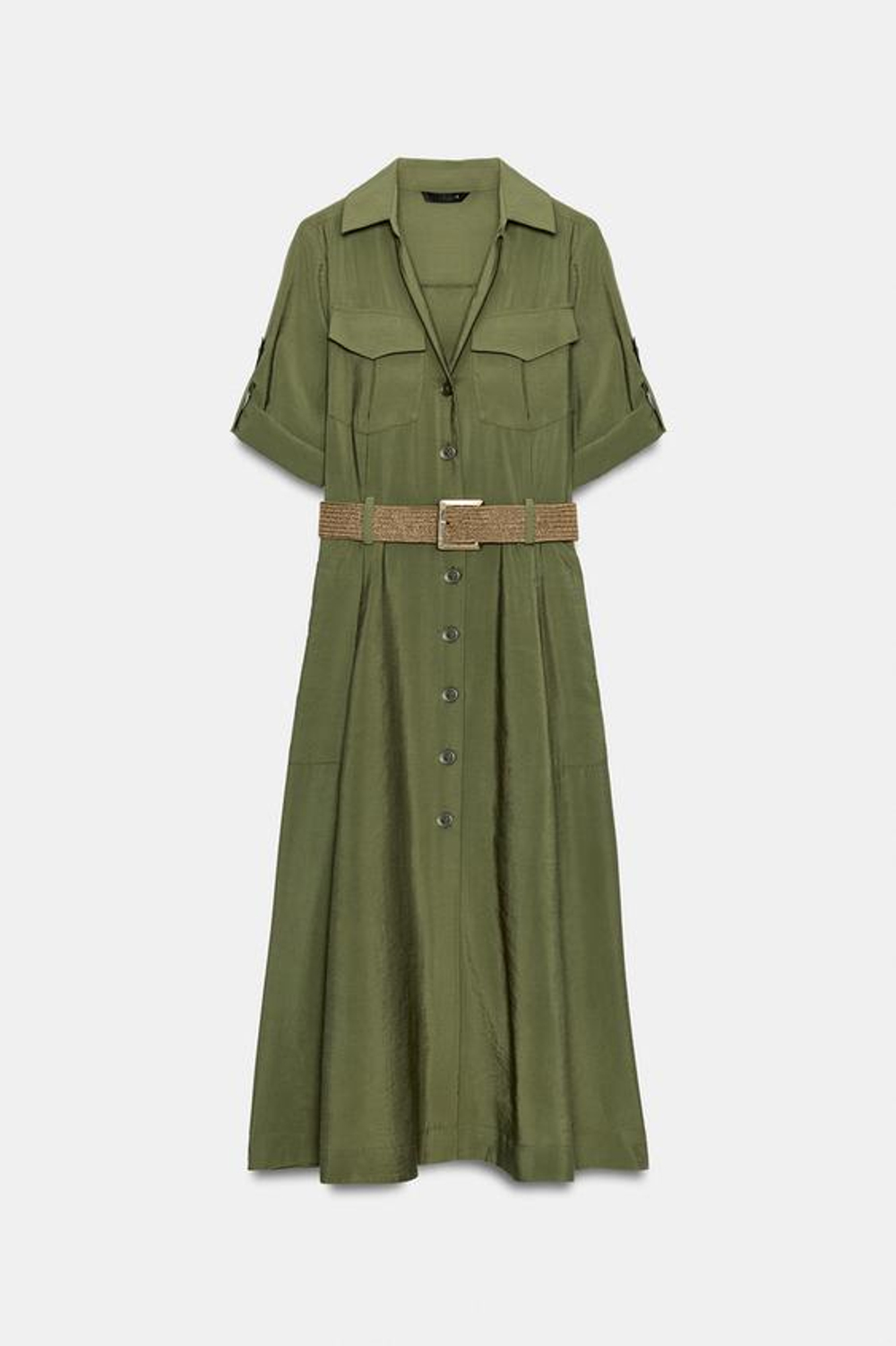 ZARA ПЛАТЬЕ-РУБАШКА МИДИ С РЕМНЕМ, ХАКИ