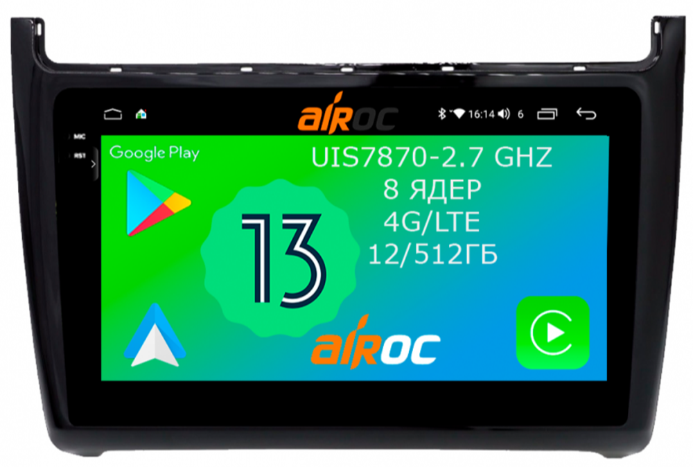 Магнитола для Volkswagen Polo 2009-2020 (черный) - Airoc 2K AU-3704 на Android 13, TS20, 12/512Гб, SIM-слот
