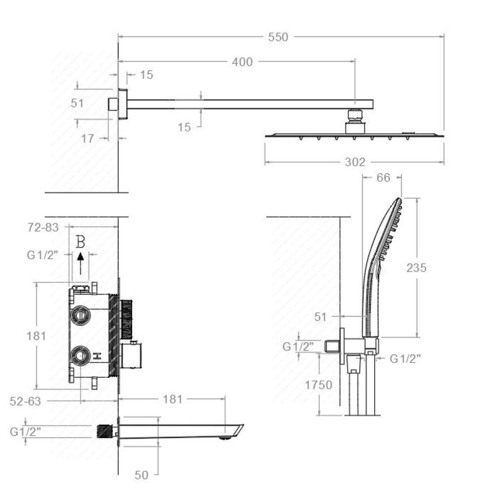 Встраиваемый термостат. смеситель для душа с троп. и руч. душем RS SMART K85T3011GR графит