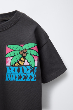 ZARA ФУТБОЛКА С ПРИНТОМ «ПАЛЬМЫ», АНТРАЦИТОВО-СЕРЫЙ