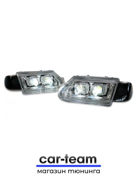Фары ВАЗ 2113, 2114, 2115 передние с белыми галочками в стиле BMW ver 2.0 c Bi LED модулями, хром маска, тонированные поворотники
