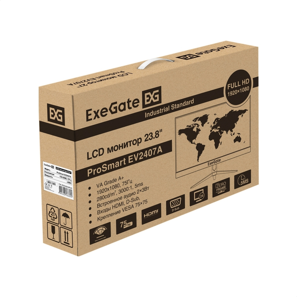 LCD ExeGate 23.8" EV2407A ProSmart черный (VA 1920x1080 75Hz 5ms 16:9 280cd 3000:1 178/178 D-Sub HDMI2.0 FreeSync LowBlueLight Speakers VESA регулировка наклона) [EX294344RUS]