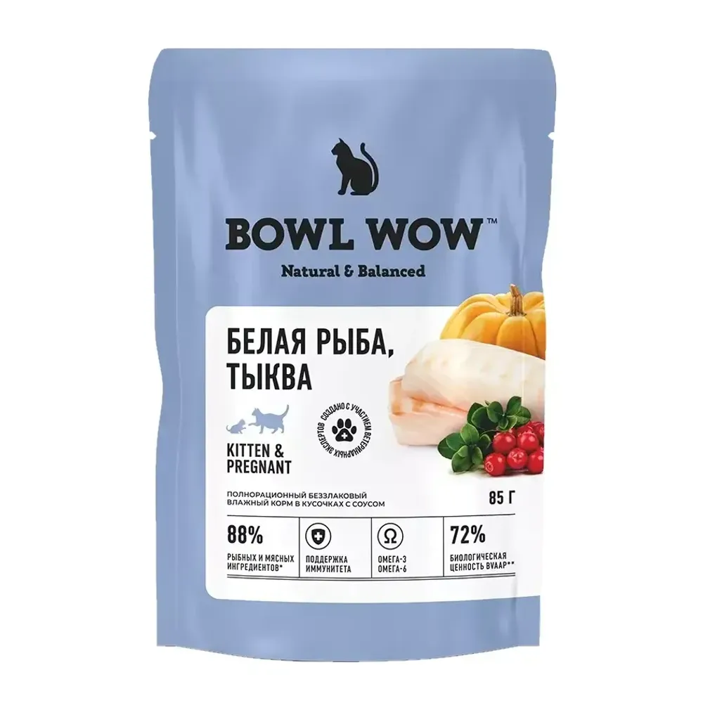 Пауч BOWL WOW для котят и беременных кошек с белой рыбой и тыквой, кусочки в соусе Пауч BOWL WOW для котят и беременных кошек с белой рыбой и тыквой, кусочки в соусе