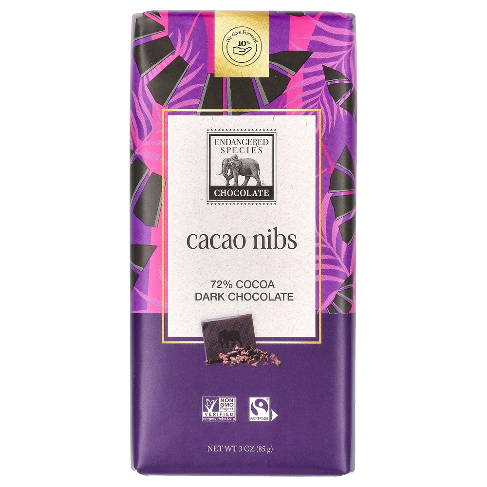 Endangered Species Chocolate, Ядра какао + темный шоколад, 72% какао, 85 г (3 унции)