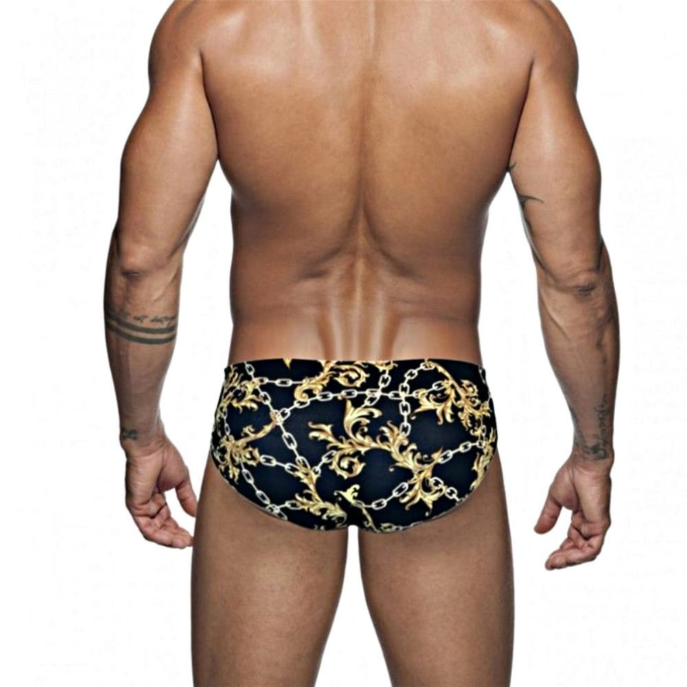 Черные мужские плавки с принтом в виде цепей и завитков (Размер: XXL) (Цвет: черный)
