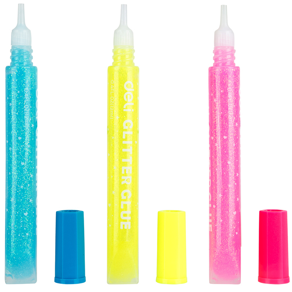 Клей-гель DELI "Explora" с блестками, 3 шт по 12 мл, неон, в блистере