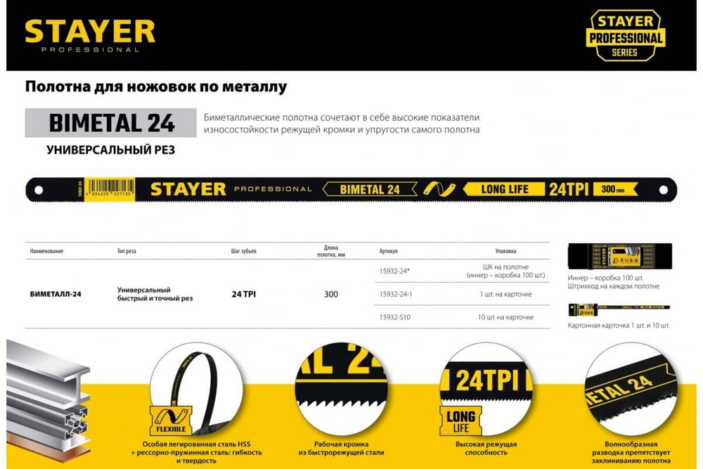 Полотно 10 шт. (300 мм; 24TPI) PROFESSIONAL по металлу для ножовок STAYER 15932-S10