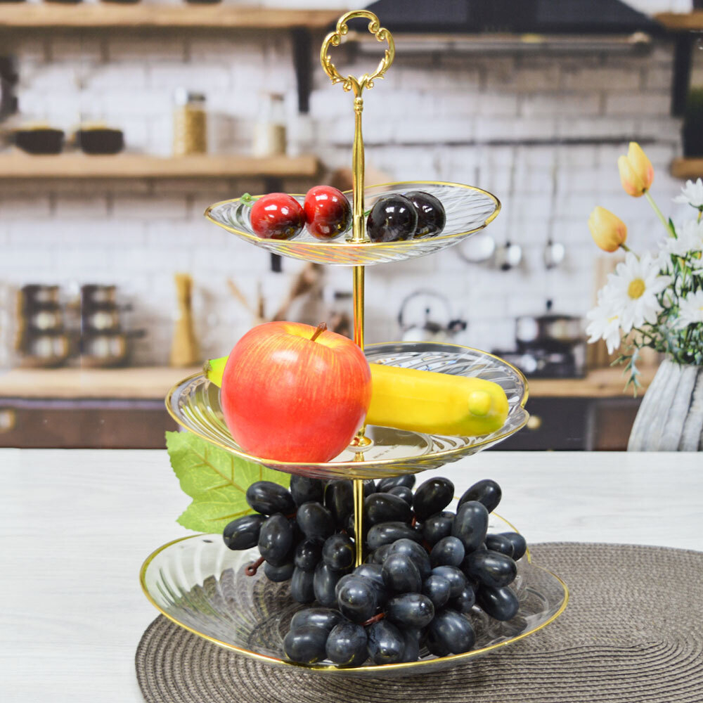 Фруктовница 3-х ярусная 35*24см прозрачная с золотой каймой, PP