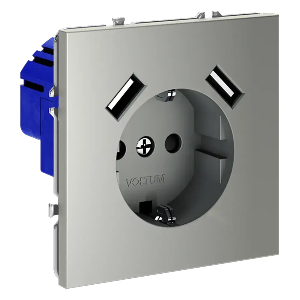 Розетка встраиваемая VOLTUM S70 с заземлением и защитными шторками, 16А, с USB, A+A, (сталь)