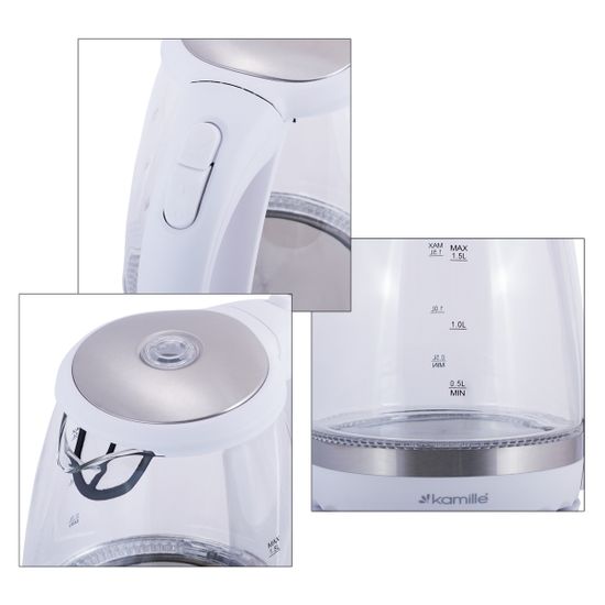 Чайник электрический 1,5 л. стеклянный Kamille KM-1701A (белый) с синей LED подсветкой