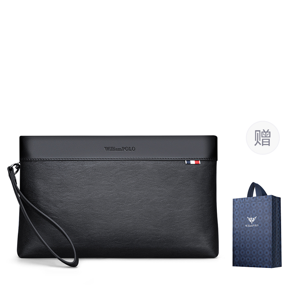 WilliamPOLO Top Grain Cow Leather Envelope Bag, Clutch Large Men"s Black
