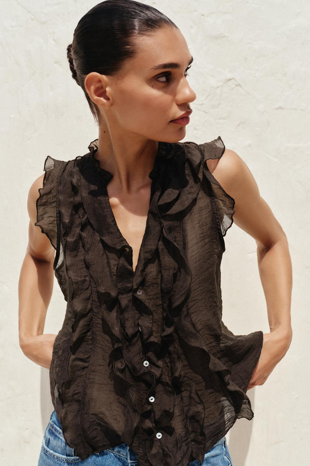 ZARA ПОЛУПРОЗРАЧНЫЙ ТОП С ВОЛАНАМИ, КОРИЧНЕВЫЙ