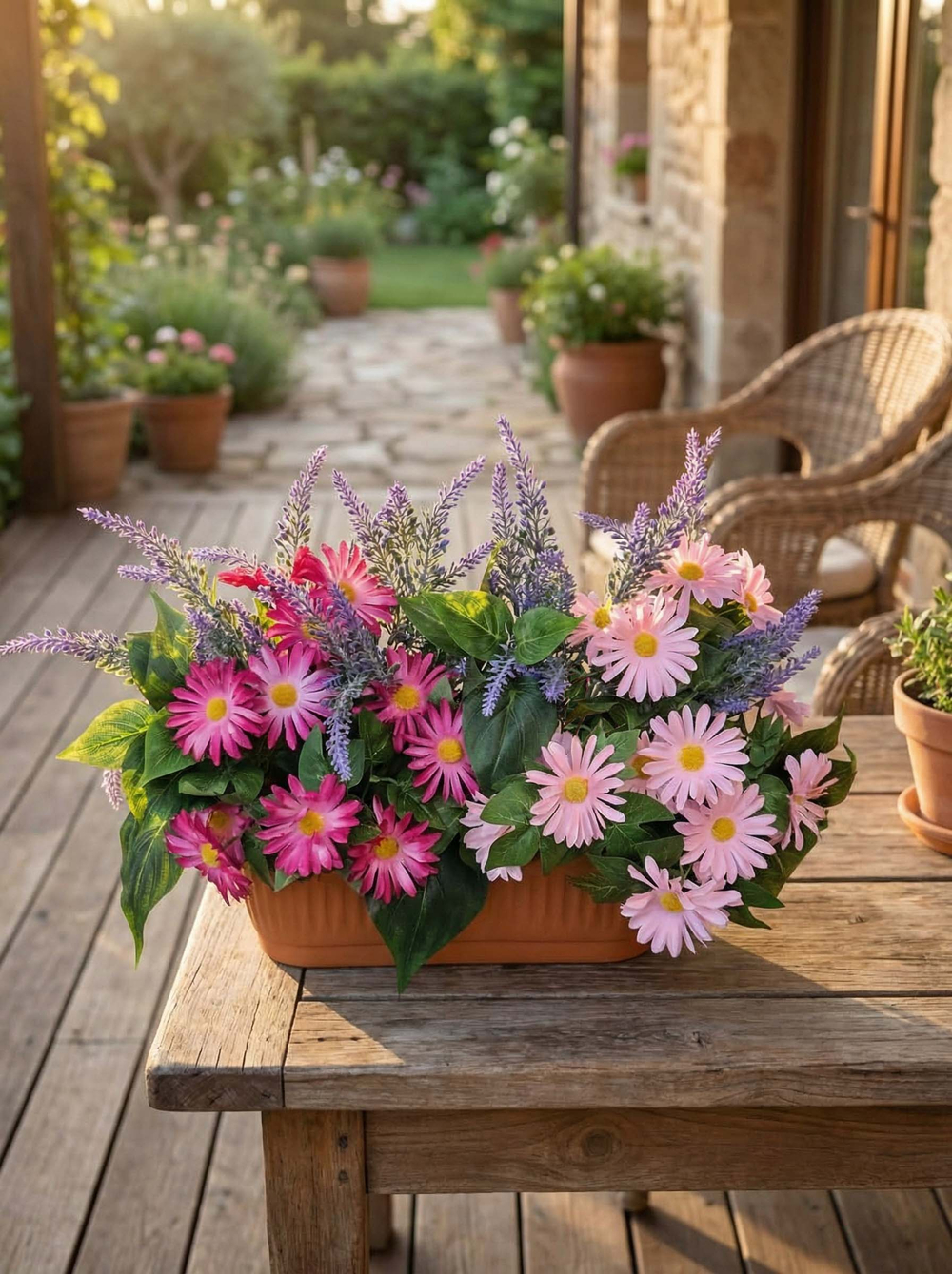 Хризантемы искусственные розово-малиновые с лавандой в балконном ящике