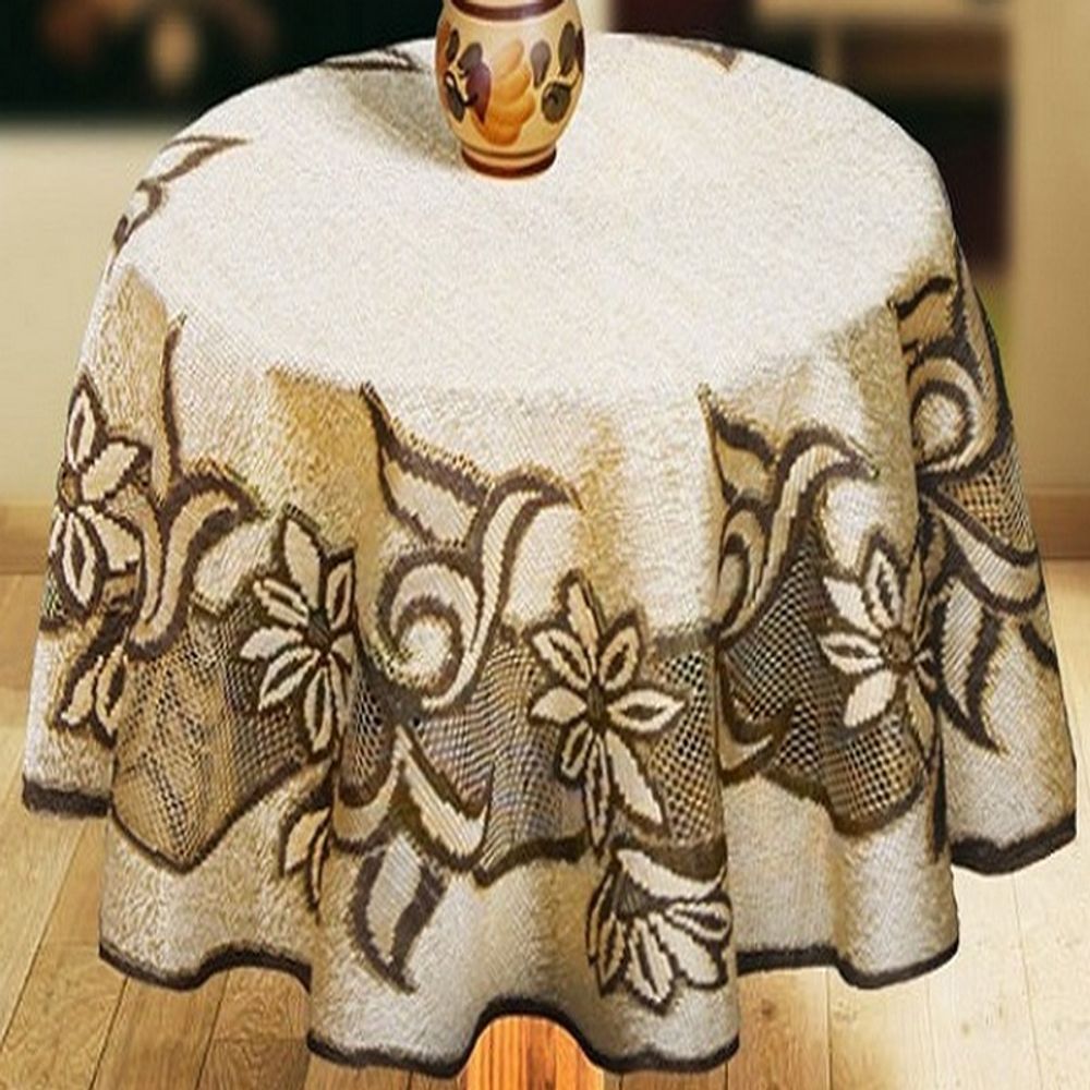 Скатерть жаккардовая круглая, цвет песочно-кофейный, Польша. Скатерть жаккардовая круглая, цвет песочно-кофейный, Польша.