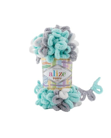 Пуффи колор (Puffy color) пряжа Alize 100%микрополиэстер 5х100г/9 м (6408 белый-серый-бирюзовый)
