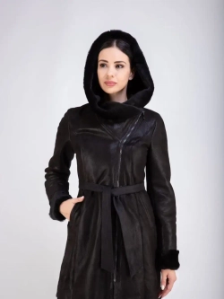 Дубленка женская натуральная длинная с капюшоном Турция