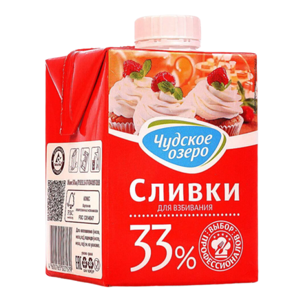 Сливки Чудское Озеро для взбивания натуральные 33%,500гр