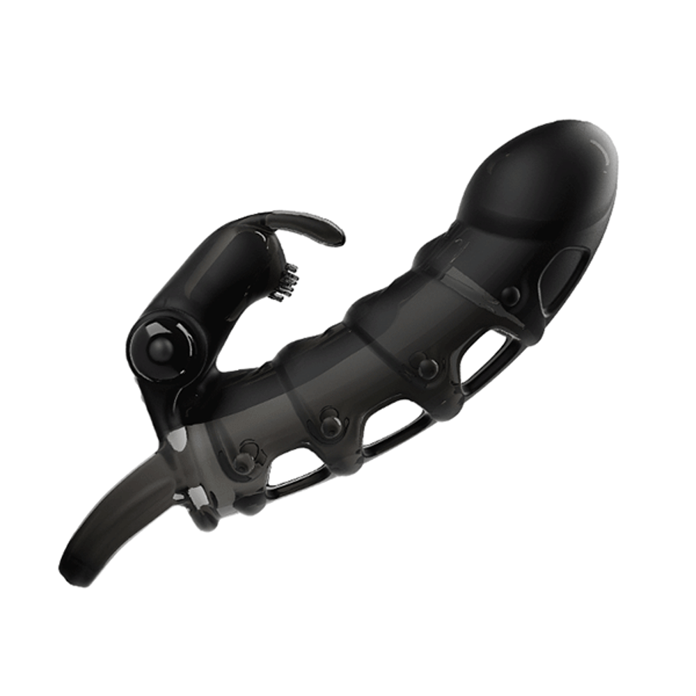 Черная закрытая вибронасадка 19,2см с подхватом мошонки и стимулятором клитора Pretty Love Cuper Penis Sleeve BI-026239