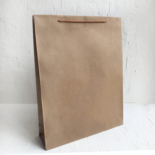 Плотный крафт пакет 420 х 320 х 100 мм, с веревочными ручками