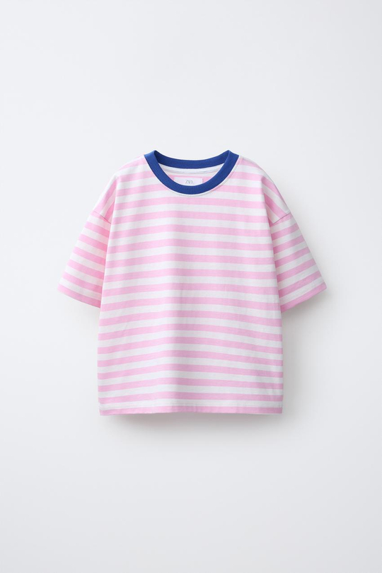 ZARA ФУТБОЛКА HEAVY WEIGHT В ПОЛОСКУ, РОЗОВЫЙ/БЕЛЫЙ