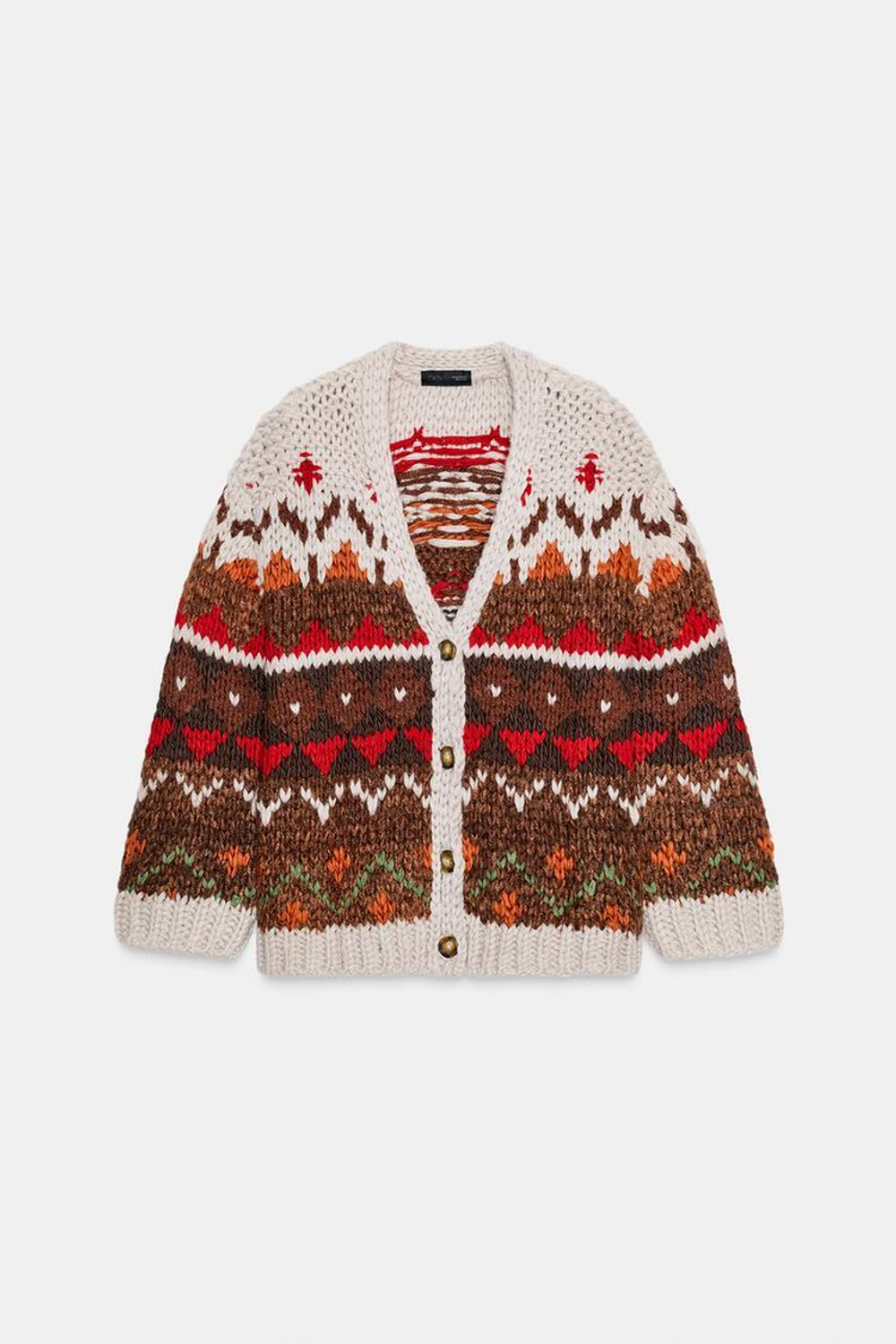 ZARА ЖАККАРДОВЫЙ ТРИКОТАЖНЫЙ КАРДИГАН, БЕЖЕВО-КОРИЧНЕВЫЙ