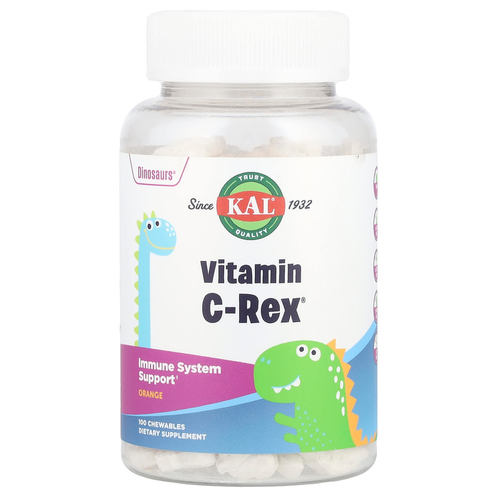 KAL, Dinosaurs®, Vitamin C-Rex®, витамин С, с апельсиновым вкусом, 100 мг, 100 жевательных таблеток