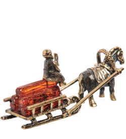 AM-1583 Фигурка «Лошадка с санями» (латунь, янтарь)