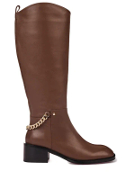 Женские кожаные шоколадные сапоги с цепочкой