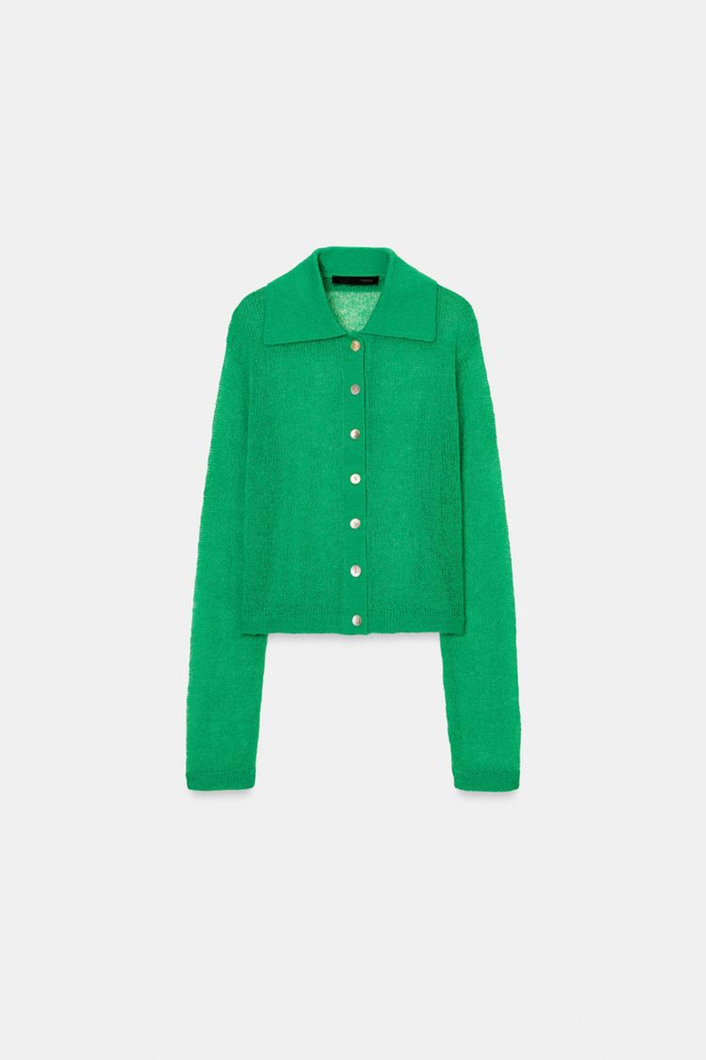 ZARA КАРДИГАН С ВОРОТНИКОМ ПОЛО, ЗЕЛЕНЫЙ