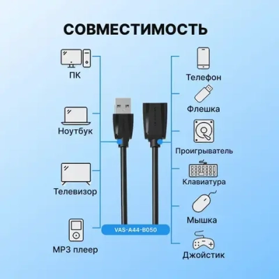 Кабель удлинитель USB 2.0 AM(папа) AF(мама) Vention 50 см переходник, провод для ноутбука для подключения юсб арт. VAS-A44-B050