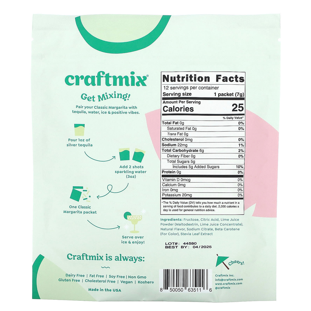Craftmix, Пакетики для коктейлей, классическая маргарита, 12 пакетиков, 84 г (2,96 унции)
