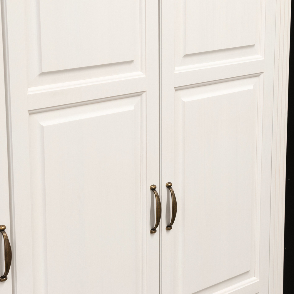 Шкаф для одежды распашной белый Харви трехдверный деревянный со штангой и полками, шкаф для вещей в прихожую и спальню с филенкой в викторианском стиле из массива сосны