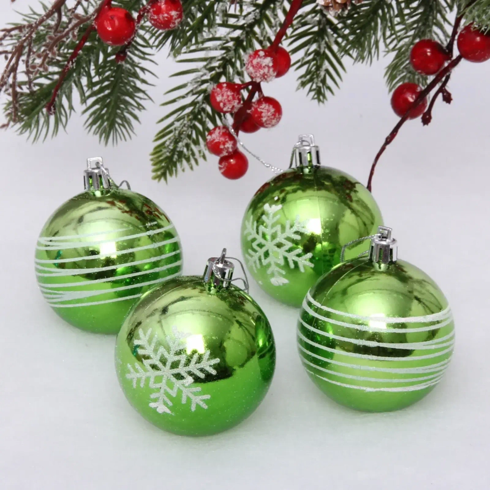 Новогодние шары 6 см (набор 4 шт) «Снежные нити», салатовый/белый