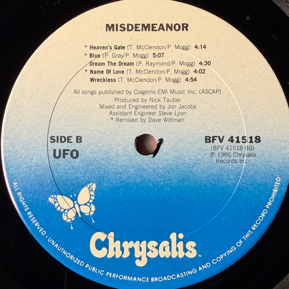 UFO ‎– Misdemeanor (США 1986г.) Т