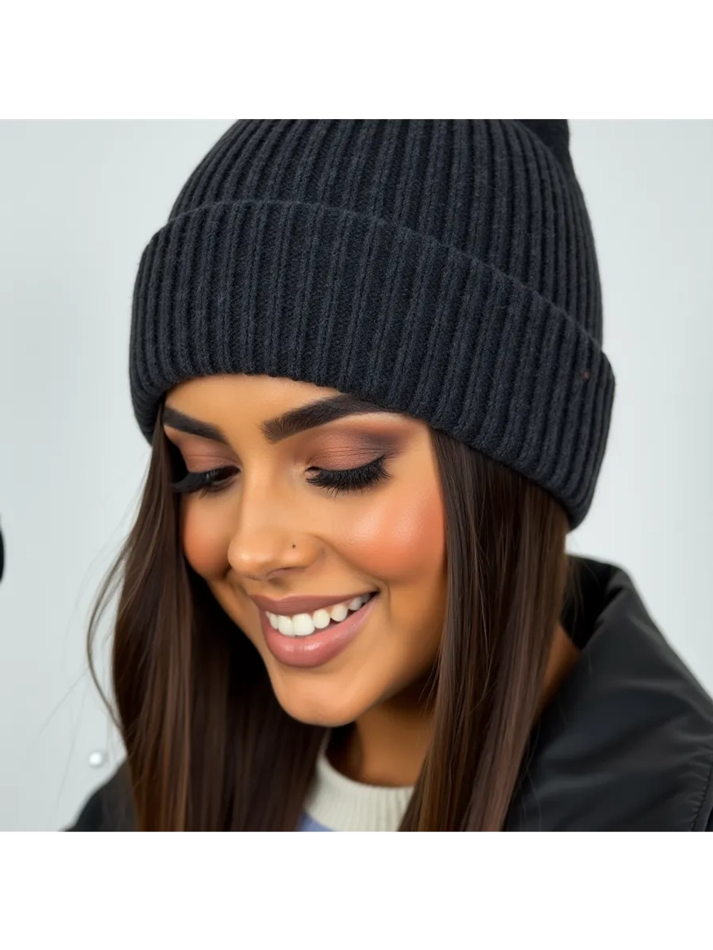 Шапка бини осенняя с отворотом теплая