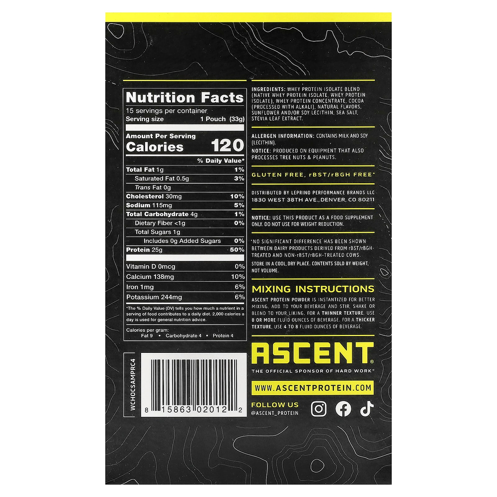 Ascent, Native Whey Protein Blend, Chocolate, 15 Packets, 1.16 oz (33 g) Each