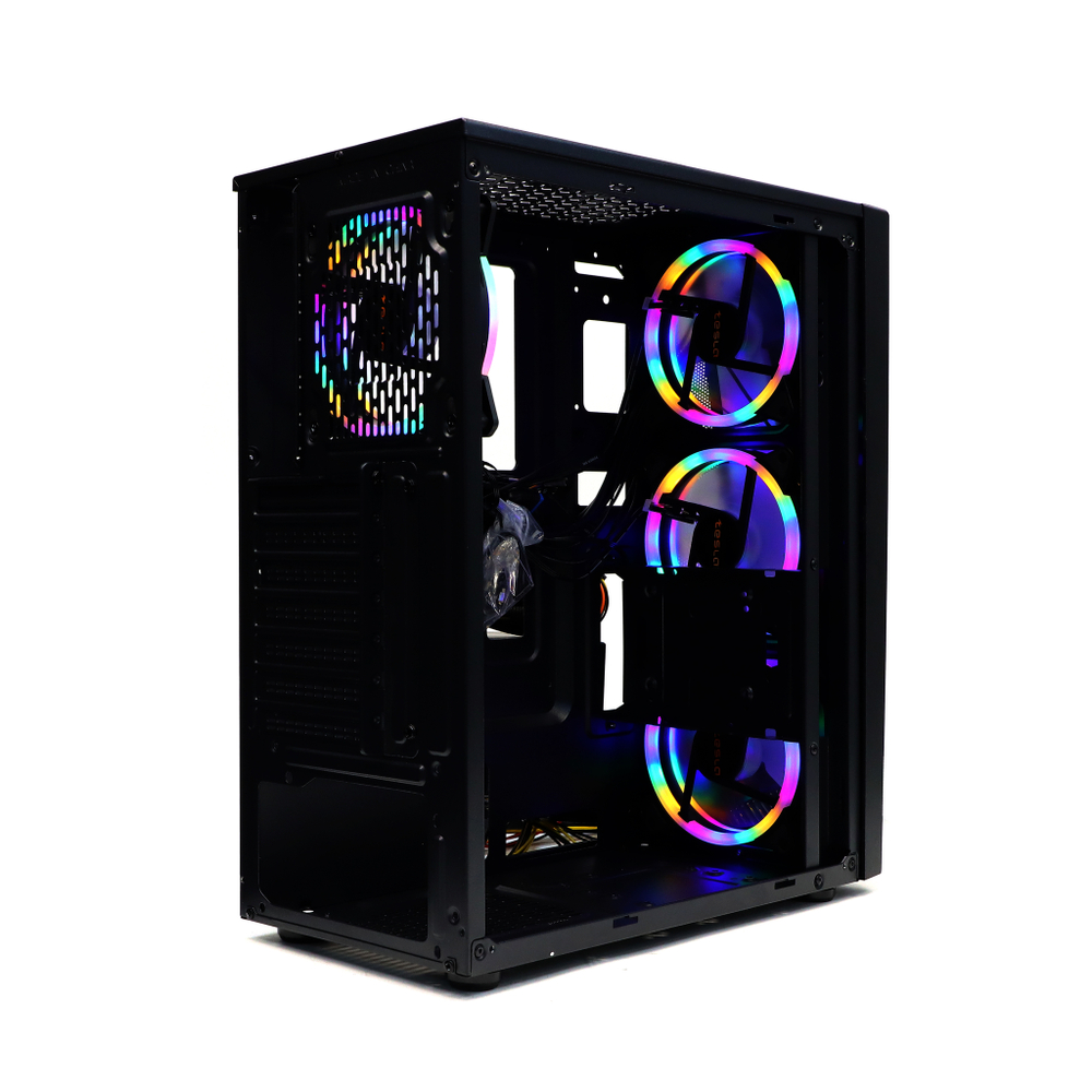 Корпус TESLA TSL-100, Без БП, ATX, RGB, чёрный, 4xRGB FAN, 2xUSB2, 1xUSB3, бок: закалённое стекло (TSL-100-4FB-RGB)