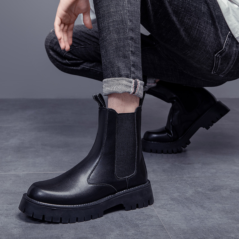 PLO CART Cow Split Leather Crew Chelsea Boots Men"s Black