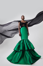 Платье макси драпированное из крепа с объемной юбкой из шелка