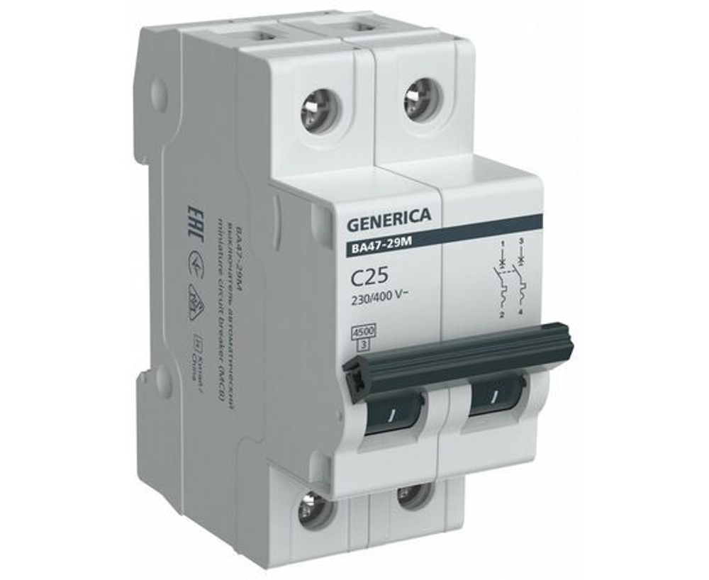 Автоматический выключатель ВА47-29М 2P 25А 4,5кА C GENERICA (MVA21-2-025-C-G)