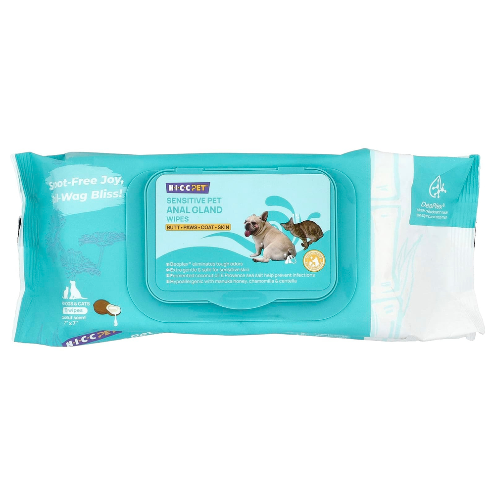 HICC Pet, чувствительные салфетки для анальной железы, для собак и кошек, с кокосом, 100 шт.