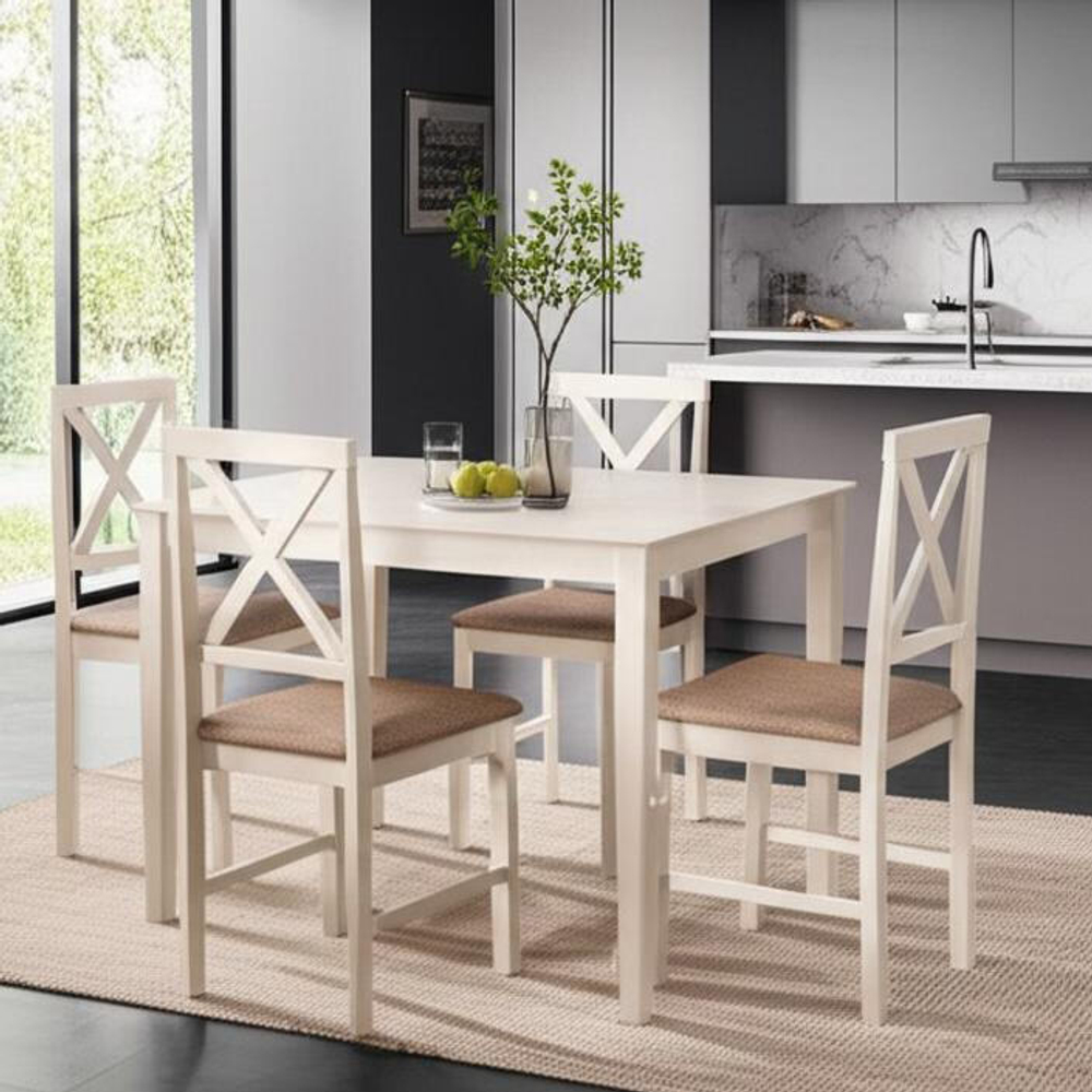 Обеденный комплект Хадсон (стол + 4 стула)/ Hudson Dining Set дерево гевея/мдф, стол: 110х70х75см / стул: 44х42х89см, ivory white (слоновая кость), ткань кор.-зол
